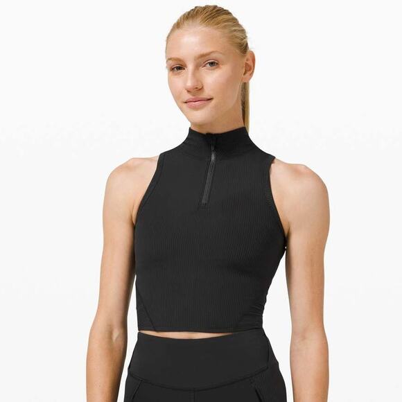 Lululemon Rib Zip-Front Cropped Run Tank Top Black Size 4 Gym Run Workout - Picture 1 of 6